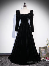 Black Velvet Square Bow Long Sleeve Prom Dress